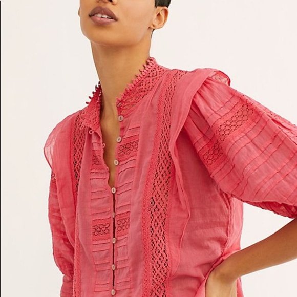 FP One Free People Rosalind Pink Coral Crochet Cotton Top Small - Picture 11 of 13